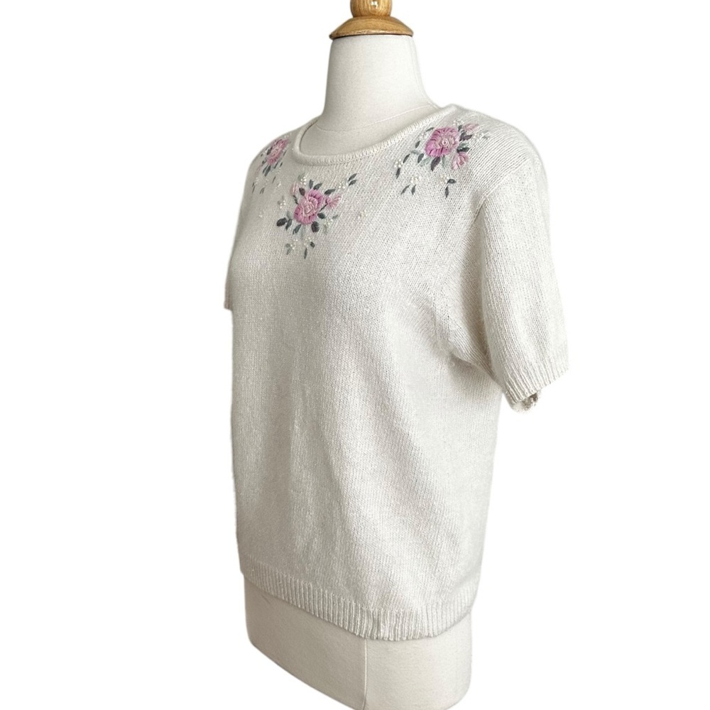 Vintage Silk Angora Floral Embroidered Short Sleeve Sweater Cottagecore Girly M - Picture 5 of 13